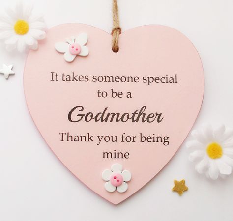 Thank Your Godmother for everything she's done for you and remind her how special she is with this beautiful handmade Wooden Plaque. It would be a perfect gift for Mother's Day, a birthday or even just as a treat to make your Godmother feel special! The pink heart measures 13 cm x 13 cm, is decorated with lovely wooden flowers, butterflies and pink buttons and is ready to hang from a shabby jute twine. Like all of our items, this plaque has been lovingly handmade in the UK. Happy Birthday Godmother Wishes, Happy Mothers Day Godmother, Mothers Day Quotes For Godmothers, Godmother Birthday Quotes, Handmade Gifts For Godmother, Happy Birthday Godmother, Godmother Quotes, Godmother And Goddaughter, Hello Greeting