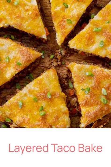 Layered taco bake topped with melted cheese and green onions, cut into triangles. Taco Bake Casserole With Tortillas, Casserole With Tortillas, Taco Bake Casserole, Layered Taco Bake, Layered Taco, Baked Tacos Recipe, Minced Beef Recipes, Minced Meat Recipe, Taco Bake