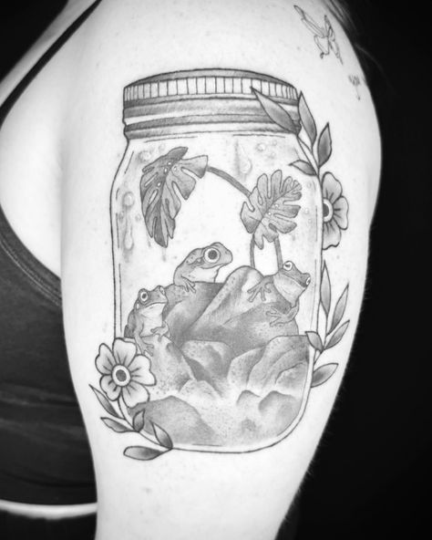 A Frog terrarium 🫙🐸 • • • • #tattoo #tattoos #ink #inked #art #tattooartist #tattooart #tattooed #tattoolife #tattooideas #love #artist #blackwork #instagood #tattoodesign #tatuagem #tattooing #tattooist #blackandgreytattoo #tattooink #tatuajes #instagram #me #tattoostyle #photography #drawing #tatuaje #tattooer #traditionaltattoo #tattoogirl Pond Tattoo, Terrarium Tattoo, Frog Terrarium, Bottle Tattoo, Photography Drawing, Doodle Ideas, A Frog, Tattoo Inspo, Life Tattoos