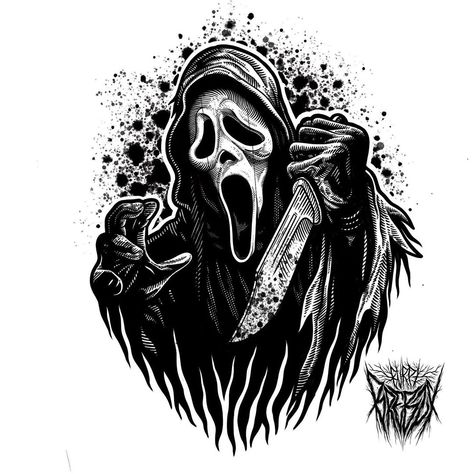 Ghost Face Design, Scream Tattoo Design, Horror Reference, Ghost Face Tattoo, Ghostface Tattoo, Scream Tattoo, Horror Sleeve, Hahaha Joker, Horror Tattoos