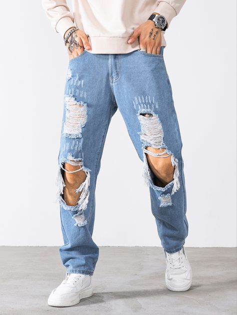 Mens Ripped Jeans Outfits, Men Fashion Jeans, Ripped Jeans For Men, Mens Ripped Jeans, Denim Outfit Men, Cut Out Jeans, Jeans Outfit Men, Blue Jean Outfits, Straight Leg Jeans Men