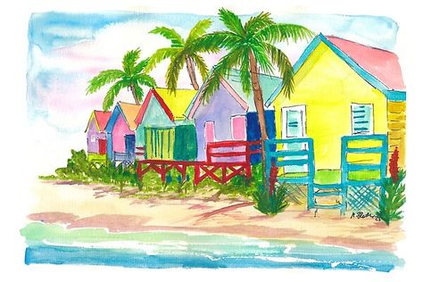 Colorful Caribbean Beach Houses for Dream Vacations Caribbean Cottage, Beach Marriage, Nautical Drawings, Beach House Painting, Caribbean House, House Palette, House Illustrations, Beachy Crafts, Beach Caribbean