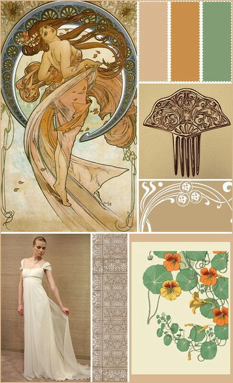 Art Nouveau Paint Colors, Art Nouveau Wedding Theme, Art Nouveau Mood Board, Art Nouveau Color Palette, Art Nouveau Hair, Art Nouveau Theme, Art Nouveau Woman, Art Nouveau Wedding, Nouveau Wedding