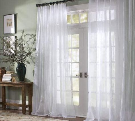 French Door Window Treatments, Contemporary Window Treatments, Window Treatments Sheer, Contemporary Windows, Door Window Treatments, French Door Curtains, French Country Living Room, White Sheer Curtains, Voile Curtains