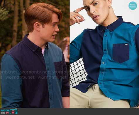 Nick’s teal and blue colorblock shirt on Heartstopper. Outfit Details: https://wornontv.net/380005/ How To Dress Like Nick Nelson, Nick Nelson Outfit Ideas, Heartstopper Fashion, Heartstopper Outfits, Colorblock Shirt, Nick Nelson, London Boy, Outfit Inso, Male Style