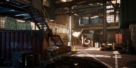 Old Warehouse Interior, Warehouse Hangout, Warehouse Concept Art, Fantasy Warehouse, Sesh Room, Warehouse Aesthetic, Warehouse Interior, Warehouse Project, Abandoned Warehouse