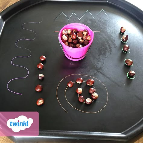 Autumn is such a wonderful time of year and Laura’s children had a great time using conkers to cover a selection of patterns. This is a great way to develop fine motor skills in young children. Continue your mark making activity by downloading our hedge-themed pattern cards, they're the perfect Autumn themed activity. Click to download! #autumn #tufftray #conkers #markmaking #pencilcontrol #eyfs #earlyyears #teachingresources #teachingideas #teaching #twinkl #twinklresources #eyfs Eyfs Counting To 5, Autumn Planning Ideas Eyfs, Conkers Tuff Tray, Conkers Activity Eyfs, Conker Tuff Tray Ideas, Autumn Mark Making, Autumn Number Activities Eyfs, Conkers Activities Eyfs, September Eyfs Activities