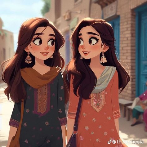 Desi Asthetic Cartoon, Bff Pics Cartoon, Sisters Photoshoot Poses, Best Friends Cartoon, Friends Illustration, Girly Dp, Friend Cartoon, Bff Photoshoot Poses, Portrait Cartoon