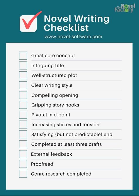 A Novel Writing Checklist. We can't guarantee if you check all these boxes your novel is ready - but it sure will help... PDF available at link: https://www.novel-software.com/blog?article=novel-writing-checklist #writerscommunity #writingcommunity #writer #writing Novel Checklist, Plot Devices, Book Checklist, Creative Writing Inspiration, Writing Checklist, Plot Outline, Writing Competition, Writing Software, Writing Books