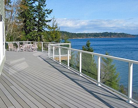 White Solid Glass Railing - Kirkland, WA | Glass Railing for Decks Railing For Decks, Glass Railing Deck, Stair Renovation, Glass Railing System, Deck Remodel, White Deck, Lake Houses Exterior, Deck Accessories, Railing Ideas