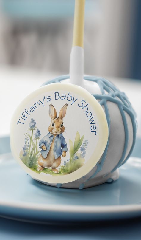 Peter rabbit baby shower edible favors personalized cake pops cute blue jacket bunny cake pops Peter Rabbit Cake Pops, Cake Pops Cute, Edible Baby Shower Favors, Bunny Cake Pops, Red Velvet Cake Pops, Peter Rabbit Cake, Rabbit Cookies, Baked Cake, Cookie Base