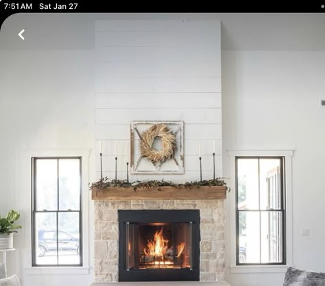 Fireplace With Tall Windows On Each Side, Extending Fireplace To Ceiling, California Casual Fireplace, Stone Front Fireplace, Low Ceiling Fireplace, Stone Fireplace With Shiplap, Windows Beside Fireplace, Fireplace Windows On Each Side, Angled Fireplace Living Room