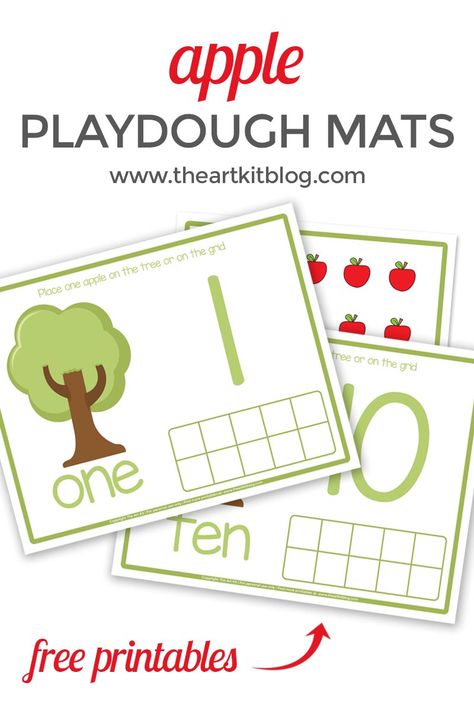 Apple playdough mats #applemath #applecounting #playdoughmats #playdohmats via @theartkit Apple Tree Playdough Mats, Apple Playdough Mats Free Printables, Apple Tree Playdough Mats Free, All About Me Activities For Toddlers, Apple Playdough, Brain Bins, Preschool Apples, Apple Lesson Plans, Playdough Number Mats