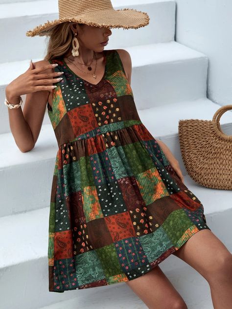 Patchwork Summer Dress, Patchwork Dresses Women, Patchwork Garments, Patchwork Dresses, Patchwork Clothes, Quilt Dress, Smocked Dresses, Punk Dress