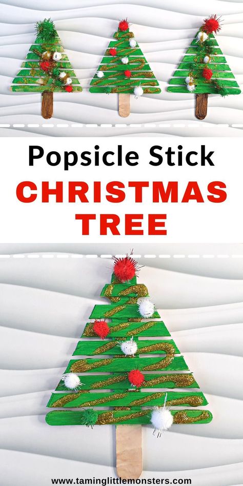 Popsicle Christmas Trees, Easy Christmas Arts And Crafts, Popsicle Stick Christmas Tree, Christmas Tree Craft For Kids, Easy Christmas Crafts For Toddlers, Homemade Christmas Crafts, Popsicle Stick Crafts For Kids, Christmas Diy Kids, Christmas Tree Craft