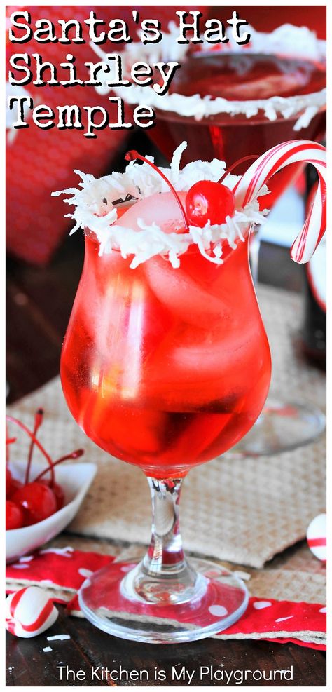 Santa's Hat Shirley Temple ~ Let the kids in on the festive drink fun with this Santa's Hat Christmas Shirley Temple! With it's bright red color & coconut rim, it'll be the hit of the holiday season with the little ones. #Christmasdrinks #Christmasmocktails #shirleytemple www.thekitchenismyplayground.com Santa Panties Drink, Shirley Temple Drink, Christmas Mocktails, Christmas Buffet, Christmas Punch Recipes, Holidays Ideas, Buffet Ideas, God's Blessings, Hot Buttered Rum