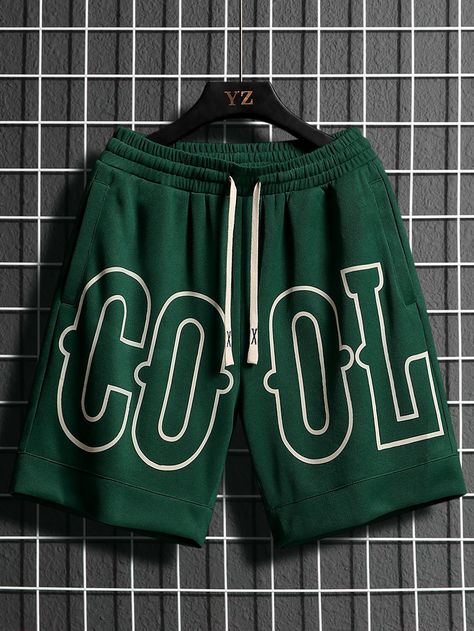 Dark Green Casual   Polyester Letter Track Shorts Embellished Slight Stretch  Men Bottoms Green Short Bottoms For Streetwear, Fitted Green Shorts For Streetwear, Green Letter Print Shorts For Streetwear, Green Streetwear Shorts With Multiple Pockets, Summer Streetwear Shorts With Letter Print, Hypebeast Clothing, Summer Swag Outfits, Track Pants Mens, Drawstring Waist Shorts