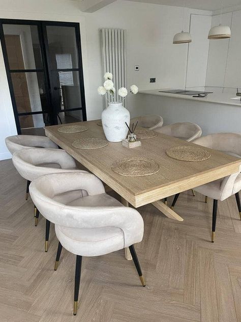 Amelia Solid Wood Whitwash Finish Dining Table - Laura James White And Oak Dining Room, White Company Dining Room, Dining Suites Ideas, White Wash Oak Dining Table, White Kitchen With Dining Table, Neutral Dining Room Table, Bleached Oak Dining Table, Dining Room Wood Floor, Oak Floor Dining Room