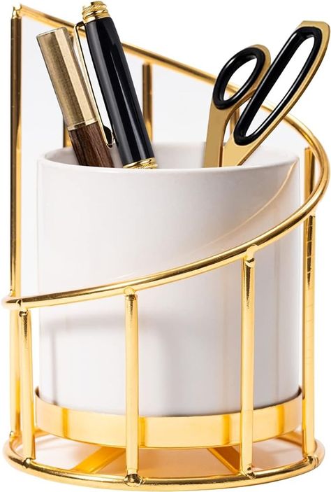 Amazon.com: Engree White and Gold Pen Holder for Desk, Pencil Cup, Ceramic Pen Holder with Metal Frame, Makeup Brush Holder for Girls Women, Aesthetic Pencil Holder for Office Desk Accessories : Office Products Aesthetic Pencil Holder, Ceramic Pen Holder, Pencil Holders For Desk, Office Desk Accessories, Gold Office, Gold Desk, Work Office Decor, Gold Pen, Women Aesthetic