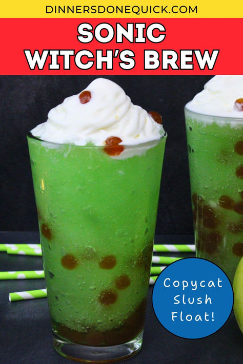 Recreate the spooky magic of Sonic's Witch’s Brew Slush Float at home with this easy copycat recipe! Perfect for Halloween parties, this green apple slush features soft serve vanilla ice cream and salted caramel boba pearls for a fun, festive drink. It's like drinking a caramel covered apple! Get the recipe now and impress your guests! #SonicWitchesBrew #HalloweenDrinks #CopycatRecipe #SonicSlush #SonicCopycat #SlushFloat Soft Serve Vanilla Ice Cream, Sonic Drinks, Caffeine Free Drinks, Slush Recipes, Halloween Ice Cream, Slushie Recipe, Boba Pearls, Ice Cream Floats, Halloween Appetizers