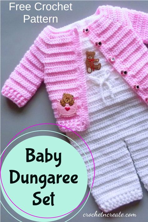 Free crochet baby dungaree set pattern, worked in an easy back loop stitch, quick to make and suitable for the beginner crocheter. #babycrochet #crochetbabyset #babyoutfit #crochetdungareescardigan #freecrochetbabypattern Preemie Crochet Patterns Free, Crochet Baby Clothes Free Patterns, Free Baby Crochet Patterns, Baby Crochet Patterns, Crochet Baby Dress Free Pattern, Preemie Crochet, Crochet Baby Projects, Crochet Patterns Baby Boy, Loop Stitch