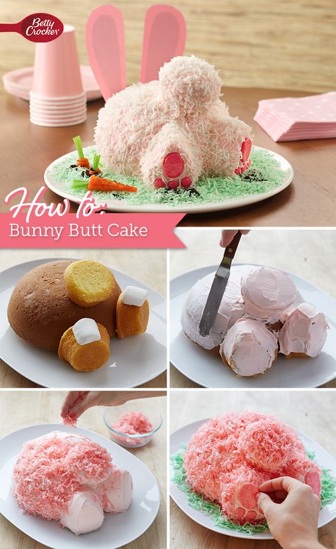 Think this oh-so-cute bunny butt cake is too complicated to make? Think again! The Betty Crocker editors walk you through the whole process step by step, including play-by-play photos! No wonder this is one of our most highly rated Easter recipes. Easter Desserts Cake, Silly Bunny, Easter Bunny Cake, Easter Baking, Easter Goodies, Bunny Cake, Spring Party, Easter Dinner, Easter Dessert