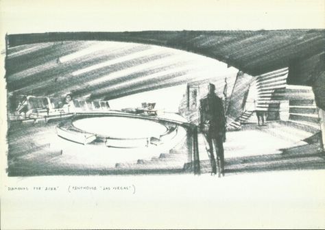 Ken Adams set design drawing for the penthouse suite in Diamonds Are Forever. 3 of 4. Set Design Drawing, Ken Adams, Adams Movie, Dr Strangelove, Diamonds Are Forever, Penthouse Suite, The Penthouse, Movie Set, Set Designs