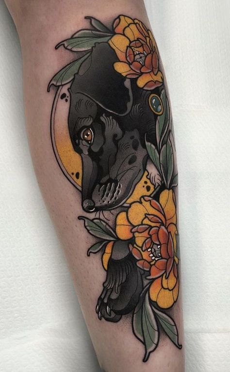 Neotrad Leg Tattoo, Neo Trad Leg Sleeve, Neo Trad Animal Tattoo, Neotraditional Dog Tattoo, Neo Traditional Dog Tattoo, Black And Grey Neo Traditional Tattoo, Neotraditional Animal Tattoo, Neotrad Sleeve, Neo Traditional Animal Tattoo