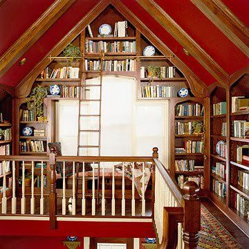 Cozy little book nook by the window, but those top shelves look like a pain to get to.  — Submitted by a fan, source unknown. Attic Bookshelves, Library Attic, Bookshelves Design, Attic Library, Cozy Home Library, House Storage, Attic Renovation, Attic Bedroom, Attic Rooms