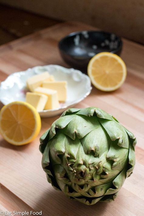 This is an easy steamed /boiled artichoke recipe served with a lemon garlic butter dipping sauce.  Cooking the artichoke is easy if you have a large pot. #eatsimplefood #vegetarianrecipes #glutenfreerecipes #ketorecipes #lowcarbrecipes #artichoke Boiled Artichoke, Garlic Butter Dipping Sauce, Steamed Artichoke, Butter Dipping Sauce, Artichoke Recipe, Steam Artichoke, Artichoke Recipes, Butter Recipe, Garlic Butter