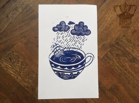 Teacup Tattoo, Linocut Artists, Screen Print Tea Towels, Storm In A Teacup, Storm Brewing, Tea Illustration, Dragon Tea, Nautical Prints, Woodcut Art