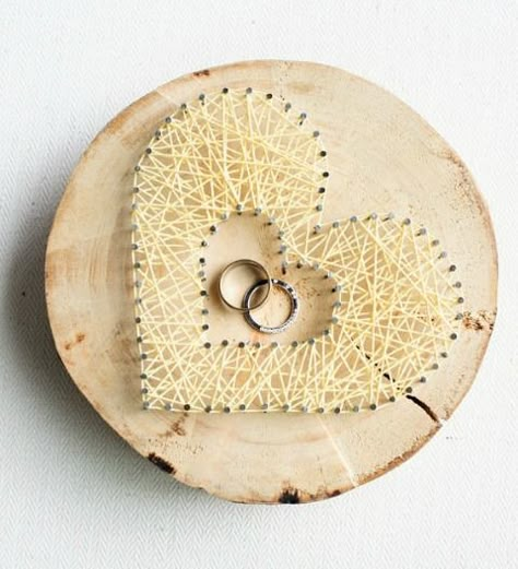 Rustic Wedding Ring Holder, Wedding String Art, Weddings Rings, Ring Pillow Alternatives, Alternative Ring, Wedding Ring Bearer Pillow, Tree Slice, String Wall Art, Rustic Ring