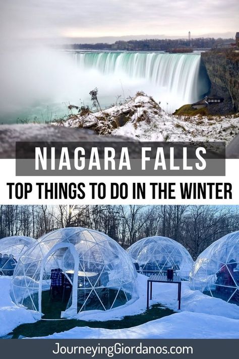 Visiting Niagara falls in Winter is a magical experience. Not only are you getting a new perspective on the incredible scenery, but with fewer crowds and shorter waits at the many attractions, winter may be the perfect time to experience Niagara Falls. See the snow-covered falls, discover some awesome winter festivals, or cozy up indoors at some of the attractions. Niagara Falls winter. Niagara Falls Canada Winter. Niagara Falls at night. Ontario family travel destinations. Ontario adventure. Niagara Falls Winter, Niagara Falls At Night, Canada Honeymoon, Niagara Falls Vacation, Ontario Winter, Niagara Falls Trip, Ontario Road Trip, Visiting Niagara Falls, Canada Winter