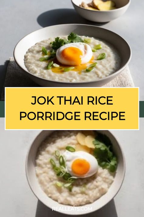 Thai rice porridge garnished with a soft-boiled egg and herbs. Rice Porridge Breakfast, Congee Recipe Breakfast, Rice Porridge Recipe, Congee Recipe, Porridge Breakfast, Egg Rice, Japanese Breakfast, Thai Rice, Breakfast Porridge