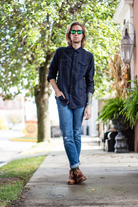 The Kentucky Gent, a men's fashion and lifestyle blogger from Kentucky, in Katin Long Sleeve Flannel Plaid Shirt, Levi's 511 Slim Fit Jeans, Richer Poorer Navy Printed Socks, J Shoes Monarch Chukka Boot, and Woodzee Sunglasses. Military Style Boots, Printed Socks, Navy Outfit, Boating Outfit, Fall Outfits Men, Chukka Boot, Levi’s Jeans, Long Sleeve Flannel, Plaid Flannel Shirt