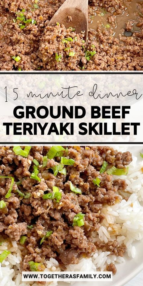 Easy dinner recipe pin with two pictures and a text overlay box in the center. Ground Beef Teriyaki Rice Bowl, Teriyaki Ground Beef Skillet, Healthy Teriyaki Beef Bowl, Teryokie Beef, Keto Lean Ground Beef Recipes, Healthy Meals To Make With Ground Beef, Easy Beef Teriyaki Recipe, Ground Beef Skillet Recipes Easy Dinners, Easy Dinner Recipes For Family Healthy Ground Beef