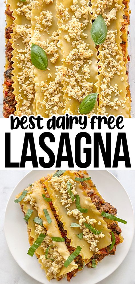 dairy free lasagna with spinach and meat sauce. Dairy Free Lasagna Recipe, Vegan Vegetable Lasagna, Dairy Free Lasagna, Gluten Free Lasagna Noodles, Almond Ricotta, Gluten Free Lasagna, Dairy Free Pasta, Meat Sauce Recipes, Vegan Lasagna