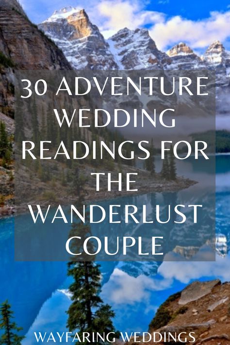 After much research and contemplation, I have compiled a list of what I think are the best adventure wedding readings for those couples looking for a nod to their next great adventure together… which is of course marriage!  These can also be incorporated into wedding vows for the adventurous couple! Wedding Adventure Quotes, Marriage Is An Adventure Quote, Nerdy Wedding Readings, Adventure Theme Wedding, Wedding Readings Unique, Adventure Wedding Theme, Personal Wedding Vows, Wedding Phrases, Marriage Poems