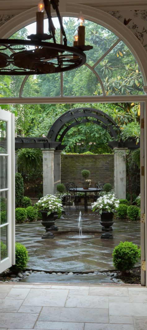 green & white landscaping White Landscaping, French Courtyard, French Garden Design, Phipps Conservatory, Windows Design, Small Courtyard, Garden Courtyard, Small Courtyards, Ground Level