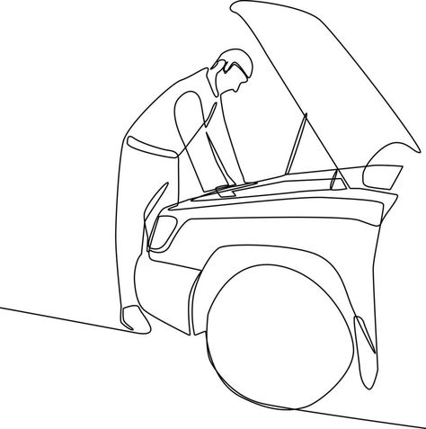 Continuous one-line drawing man repairing car battery in the repair shop. Auto service concept. Single line drawing design graphic vector illustration Car Line Drawing, Drawing Man, Mystical Tattoos, Birthday Card Drawing, Vector Technology, Single Line Drawing, Car Logo, Card Drawing, Graphic Design Lessons