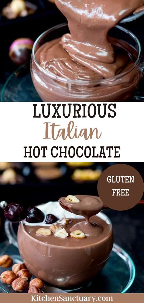 Italian Hot Chocolate Recipe, Gluten Free Hot Chocolate, Creamy Hot Chocolate Recipe, Chocolate Drink Recipes, Italian Hot Chocolate, Gluten Free Chocolate Recipes, Grain Free Desserts, Cocoa Recipes, Hot Chocolate Recipe