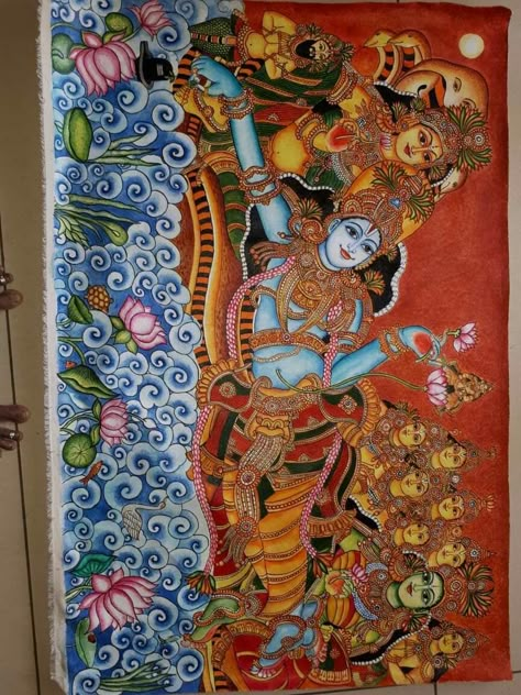 Lord Vishnu Mural Painting, Kerala Mural Painting Vishnu, Ananthasayanam Mural Painting, Vishnu Mural Painting, Perumal Painting, Perumal Drawing, Kerela Murals Paintings, Kerala Mural Art, Indian Traditional Paintings