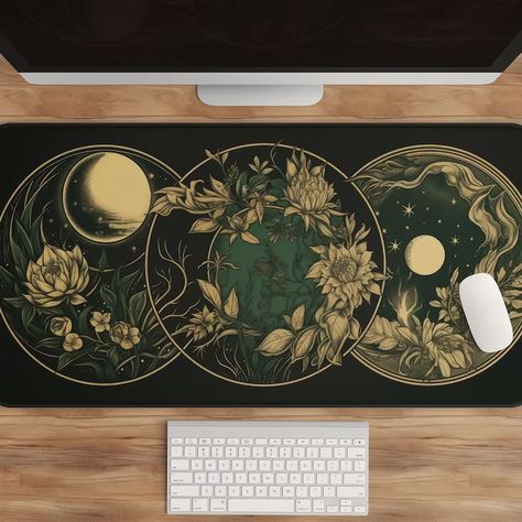 Celestial Desk Mat Moon Phases Art Nouveau Witch Aesthetic - Etsy Witch Aesthetic Green, Green Dark Academia, Dark Academia Cottagecore, Moon Phases Art, Celestial Magic, Detailed Art, Gold Color Palettes, Dark Home Decor, Dark Home