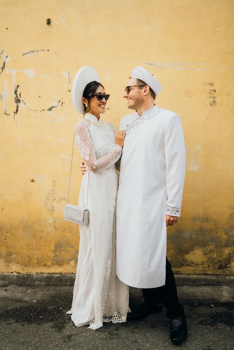 Vietnamese traditional ao dai outfit Lace Ao Dai, Traditional Vietnamese Wedding, Vietnamese Wedding Dress, Male Design, Vietnam Wedding, Vietnamese Ao Dai, Vietnamese Wedding, Bride Headpiece, Engagement Inspo