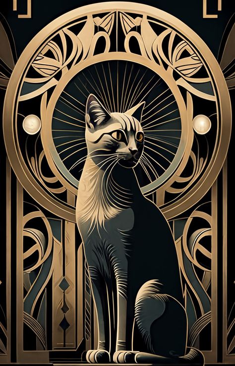 Art Nouveau Cat, Modern Cat Art, Art Deco Animals, Art Deco Cat, Art Deco Artwork, Art Deco Wall Art, Art Hippie, Streamline Moderne, Tattoo Cat