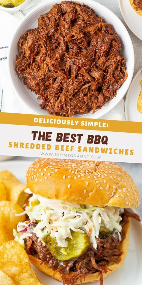 This BBQ shredded beef is the perfect filling for sandwiches, baked potatoes, or served over a salad. You'll love how easy this is to make in your Instant Pot or slow cooker. Bbq Beef Crockpot, Shredded Beef Sandwiches, Shredded Chicken Sandwiches, Bbq Beef Sandwiches, Shredded Beef Recipes, Beef Sandwich Recipes, Beef Recipe Instant Pot, Barbecue Sandwiches, Bbq Sandwich