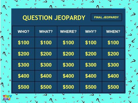 Part of my series on WH questions, this Jeopardy board game asks students to make up a question to go with a given answer on the board. Includes a difficult Final Jeopardy question. Best for group play, on an interactive whiteboard. You can edit to turn on the Challenge mode to set response time limits. Age 5+. Jeopardy Game Questions And Answers, Jeopardy Questions And Answers, Jeopardy Board, Jeopardy Questions, Wh Questions Activities, Games For Kids Classroom, Zoom Online, Jeopardy Game, Online Games For Kids