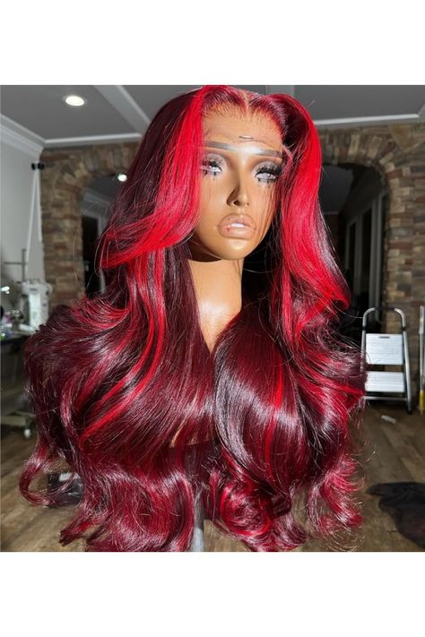 Healthair Red Volume Highlight Skunk Strip on 99j Lace Front Wigs Human Hair 180% Density Body Wave Fire Red Ombre 13X4 HD Lace Pre Plucked 99j Colored Human Hair Wig for Women (20inch) Hair Color Burgundy, Balayage Color, Lace Frontal Closure, Red Highlights, Human Virgin Hair, Colored Wigs, Wigs Human Hair, Body Wave Wig, Human Hair Lace Wigs