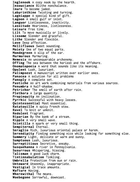 Reference For Writers, nevver: The 100 Most Beautiful Words in English Most Beautiful Words In English, Beautiful Words In English, Creative Writing Ideas, English Dictionary, Poetic Words, Most Beautiful Words, English Vocab, Good Vocabulary Words, Unusual Words