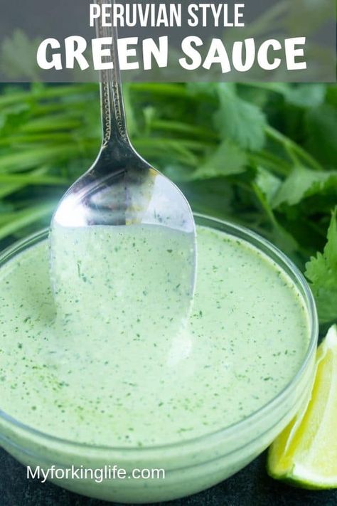 Delicious bright and bold peruvian Green Sauce that is so easy to make and taste amazing. Serve it with chicken, rice and beans, pork, and so much more. #peruviangreensauce #roastedchicken #thebestsauce #saucerecipes #jalapenosauce Peruvian Roasted Chicken And Green Sauce, Green Empanada Sauce, Columbian Empanadas, Chicken Peruvian, Peruvian Green Sauce Recipe, Peruvian Green Sauce, Green Sauce Recipe, Peruvian Chicken, Peruvian Style